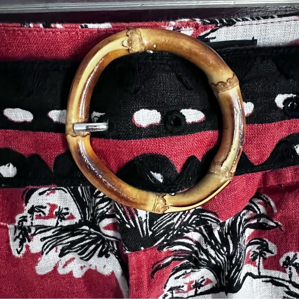 Tahari 100% European Flax Tropical Print Belted Shorts in Orange Black size 8 - Picture 4 of 10